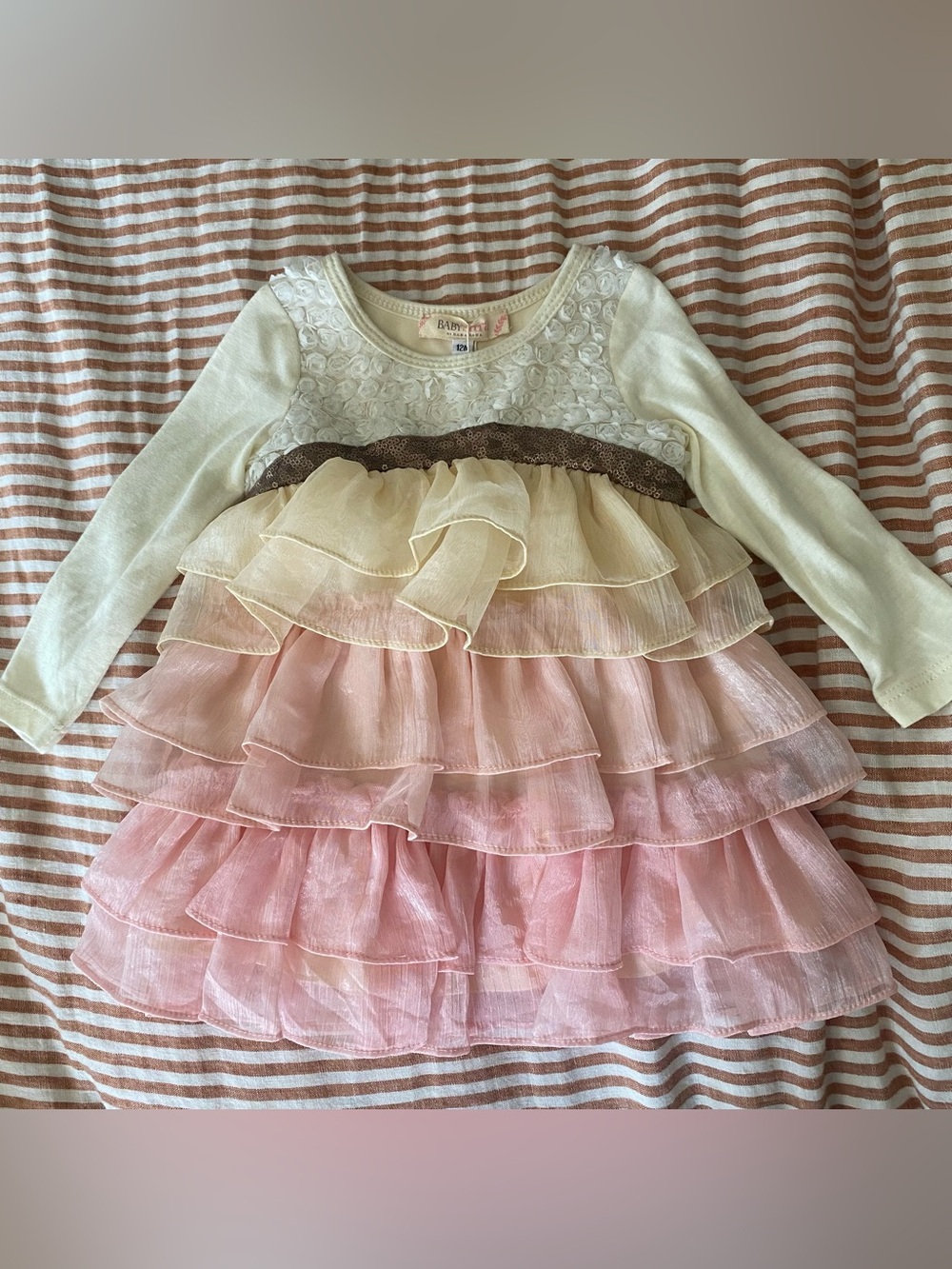 Baby Sara long sleeve tiered ruffle dress ombré Cream Pink long sleeve 12 months